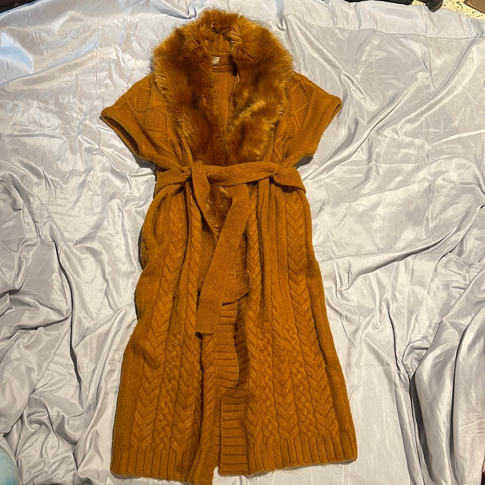 New Guess Knit Faux Fur Collar Removable Long Cardigan Warm Sweater M L